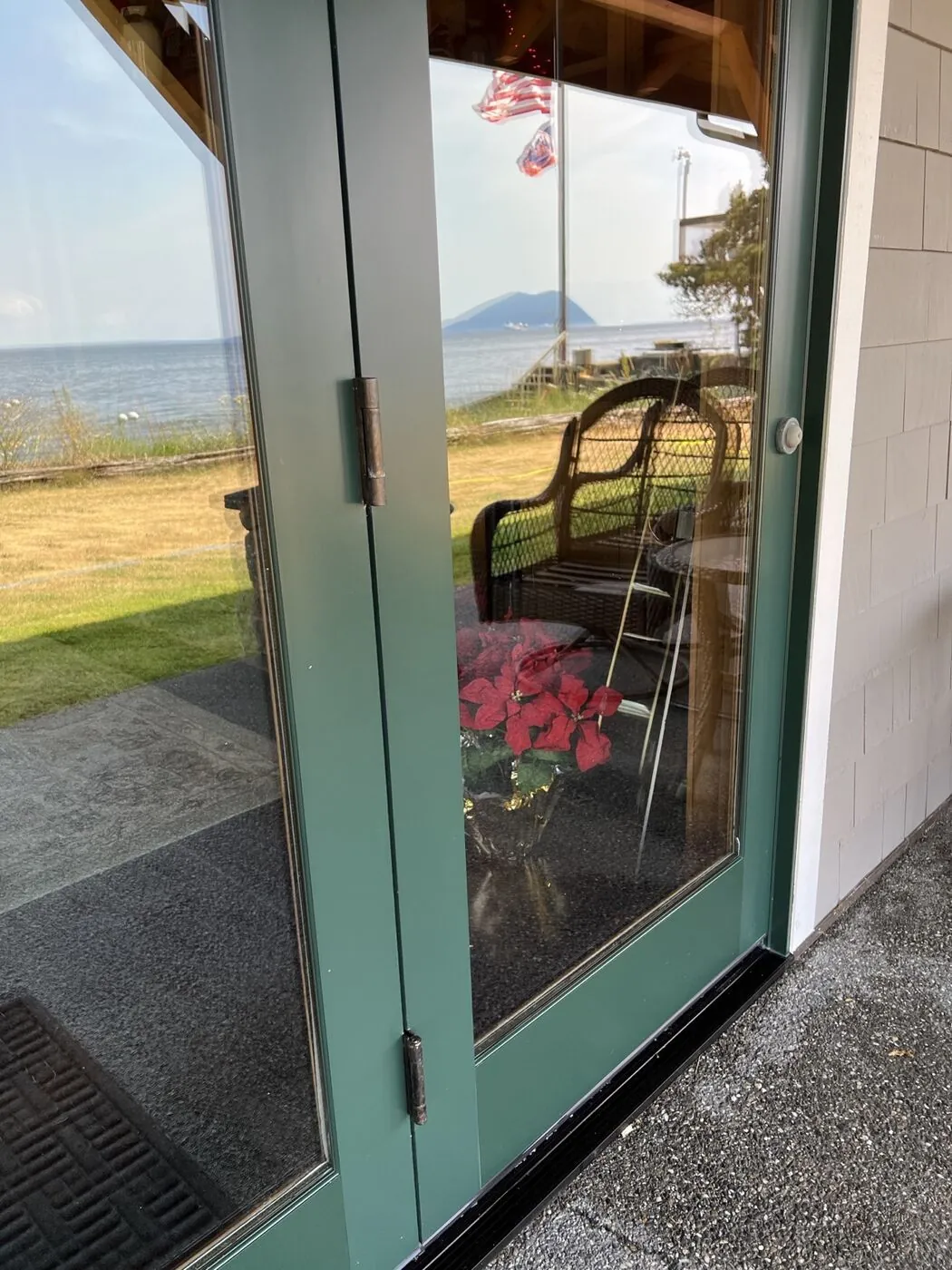 Green-framed glass door after cleaning, free of webs and debris