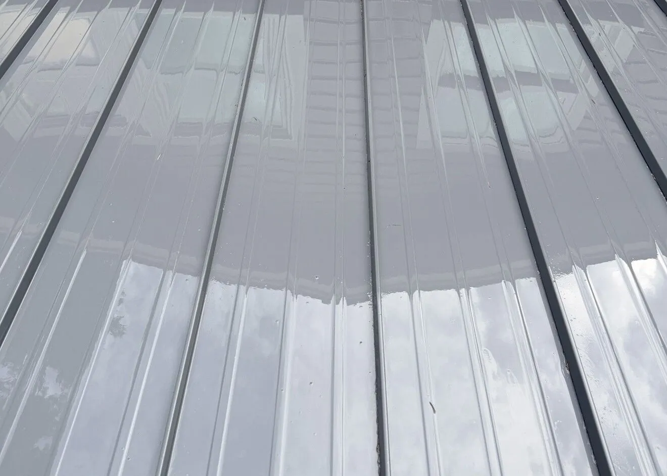 Standing-seam metal roof after a low-pressure soft wash, clean and reflective