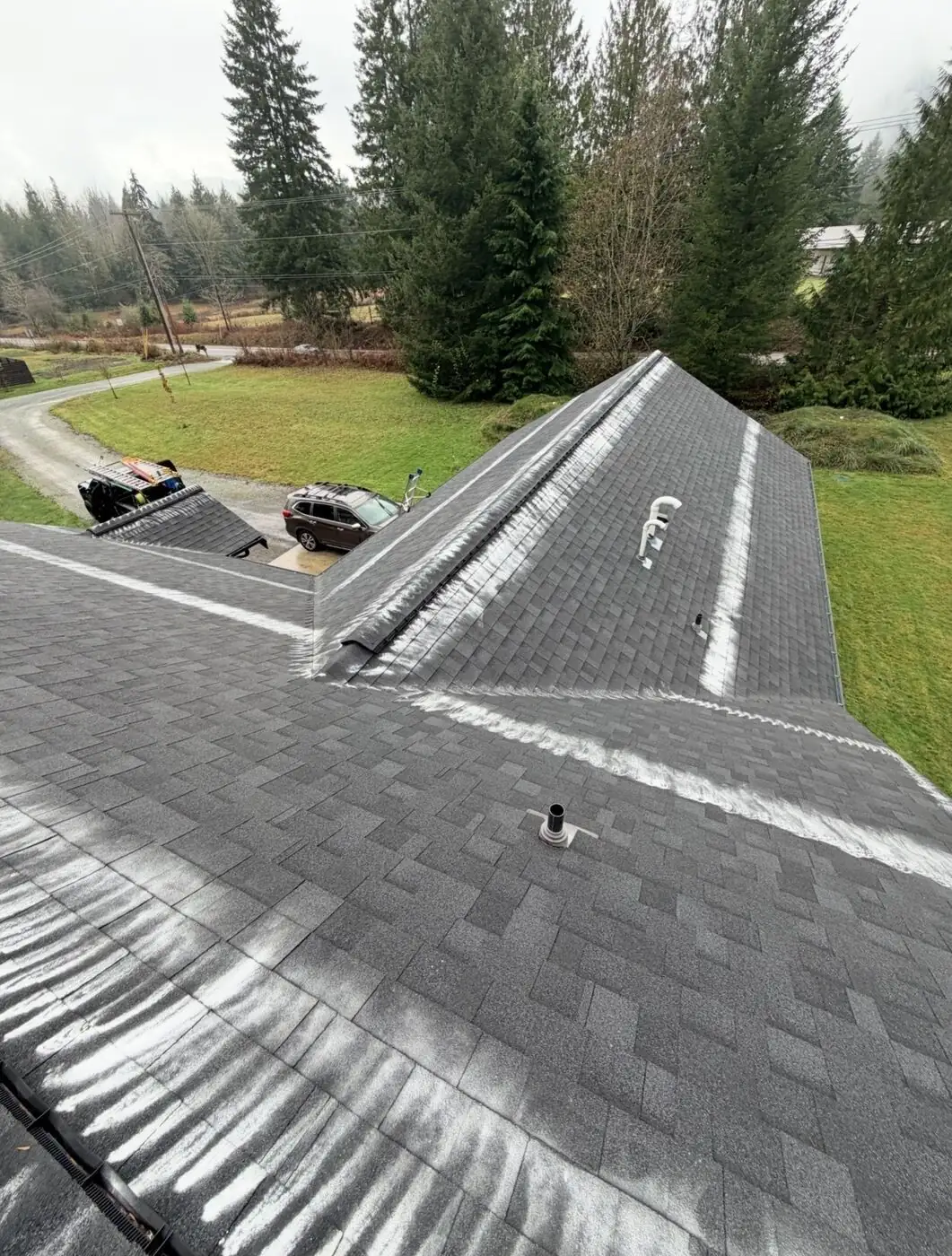 Asphalt roof after a roof-safe powder moss treatment was applied along the ridge
