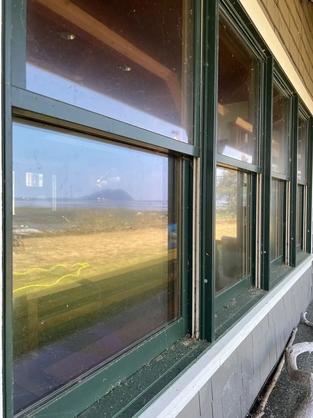 Bank of green-framed waterfront windows before cleaning, hazy with salt spray